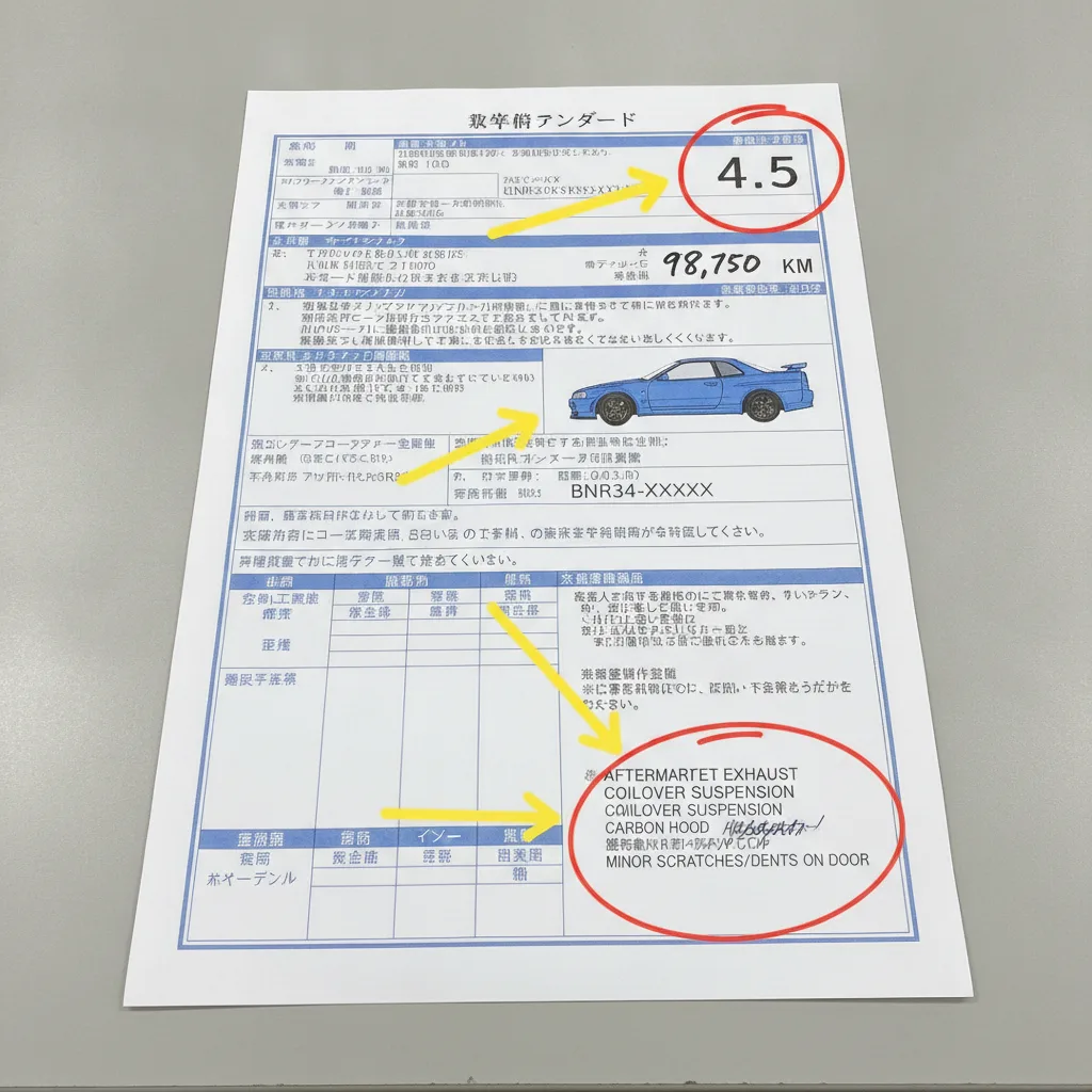 A clear, well-lit photograph of a Japanese auction inspection sheet for a Nissan Skyline R34 GTR