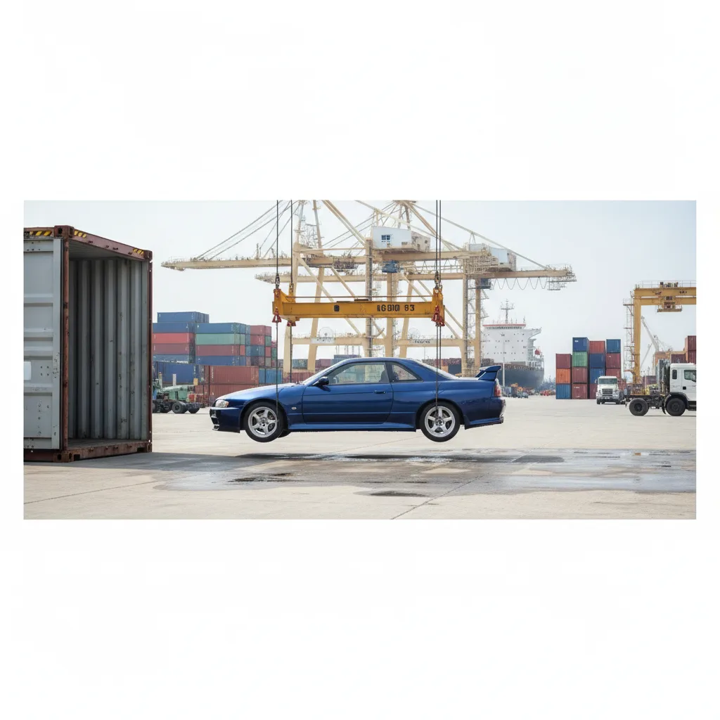 A photo of a newly arrived R34 GTR being unloaded from a shipping container at a US port