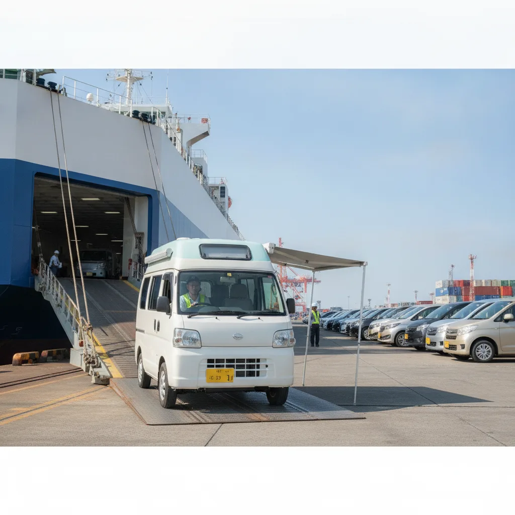 A photo of a newly imported Daihatsu Hijet Kei camper van being carefully driven off the ramp of a Roll-on/Roll-off (RoRo) ship at a sunny port, with other Japanese vehicles visible in the background, illustrating the final step of the shipping journey