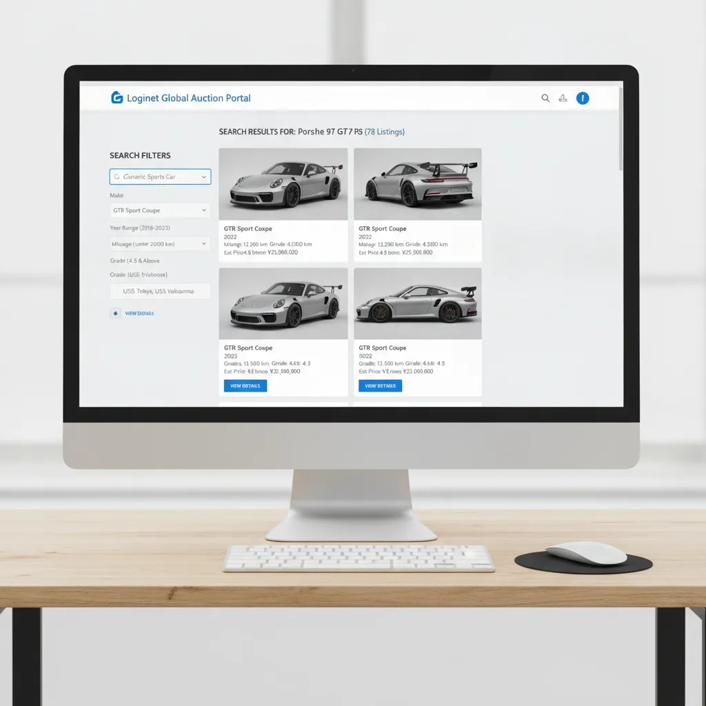 A screenshot of the Loginet online auction portal, with the search filters clearly visible and a search for 'Porsche 911 GT3 RS' entered