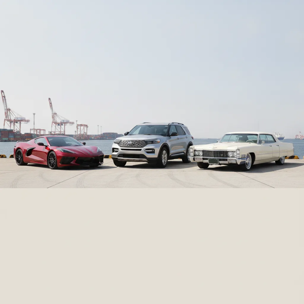 A gallery-style image showcasing a variety of American cars available from Japan: a Chevrolet Corvette, a Ford Explorer, and a classic Cadillac lined up at a Japanese port, ready for export