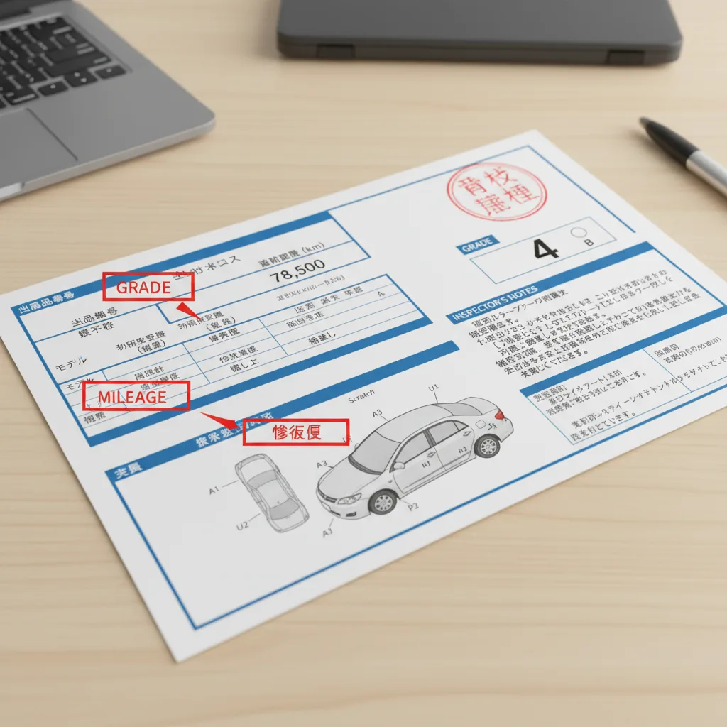 A clear, annotated Japanese auction sheet for a popular sedan like a Toyota Corolla, with key sections like 'Grade', 'Mileage', and 'Inspector's Notes' highlighted with English translations