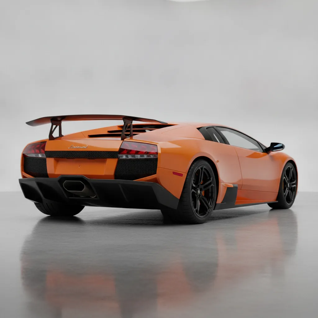 A dramatic rear three-quarters shot of a rare Lamborghini Murciélago LP 670-4 SV, showing its large carbon fiber wing and central exhaust