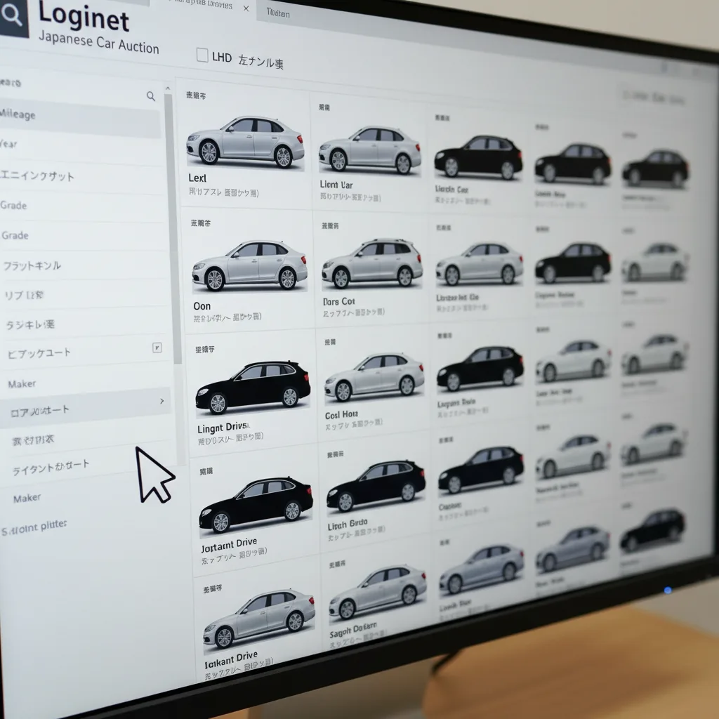 Subject: A computer screen showing the Loginet Japanese car auction website