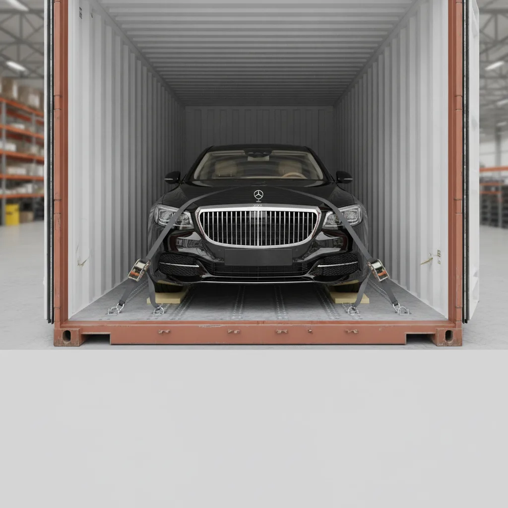 A clean, professional shot of a Maybach being carefully secured inside a shipping container, illustrating the safe and secure logistics process for high-value vehicle exports