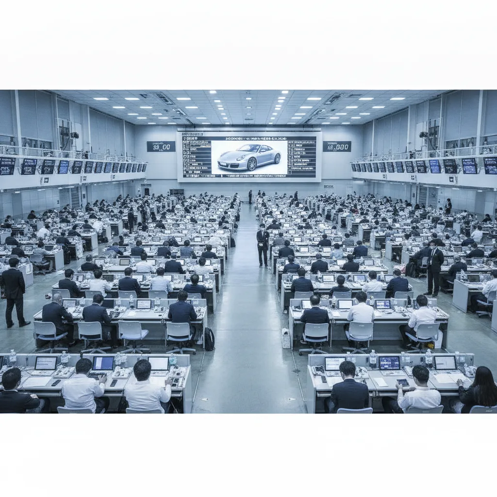 Subject: The interior of a bustling Japanese car auction house like USS Tokyo